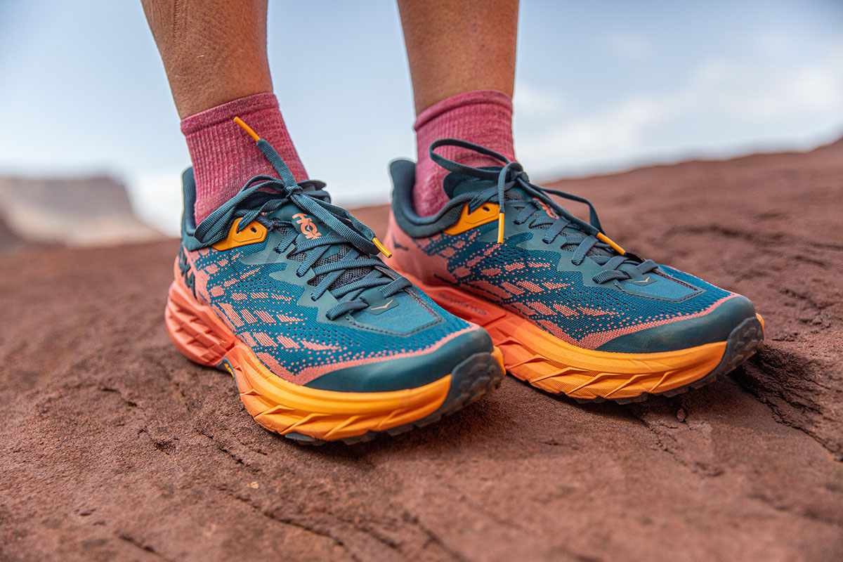 Non-waterproof hiking shoes (closeup of Hoka Speedgoat 5)